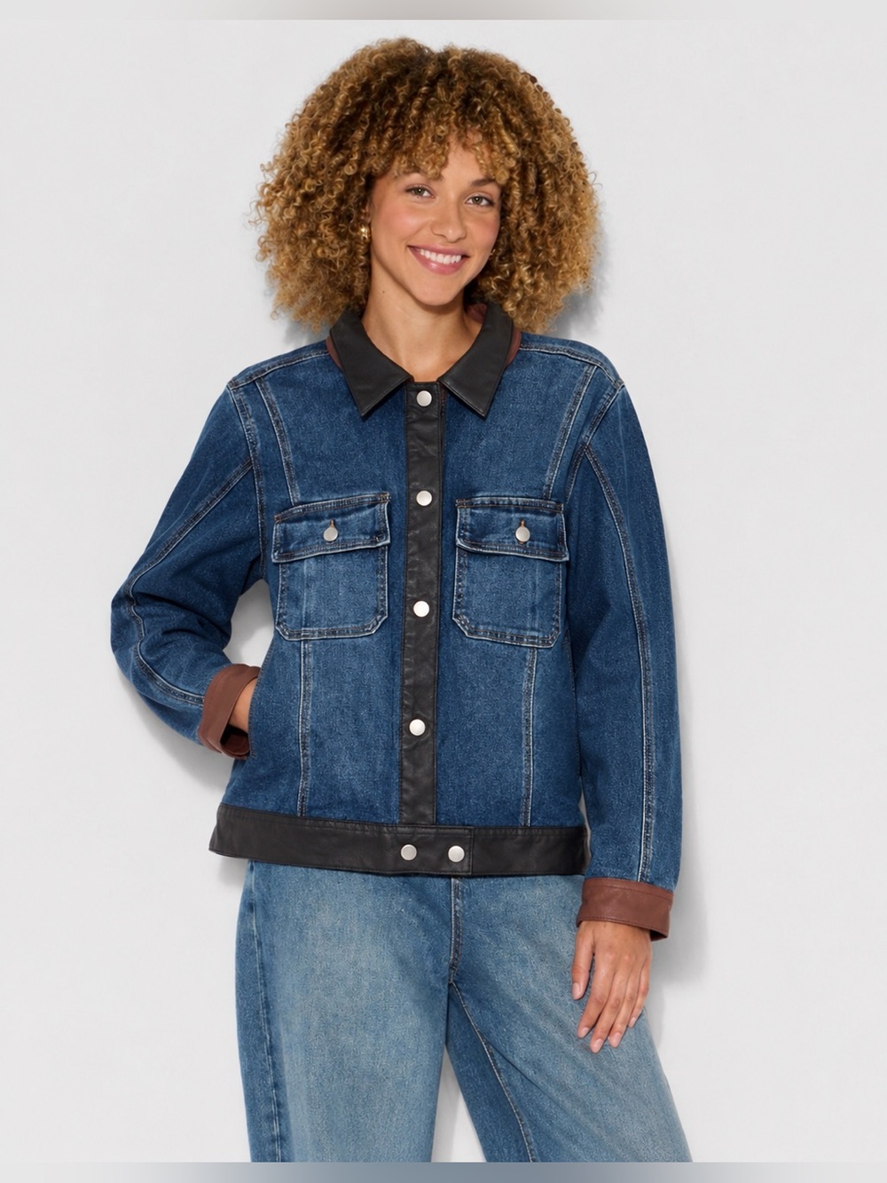 Ashley Stewart Denim‎ Jacket Womens 18/20 Faux Leather Trim Snap Front Blue